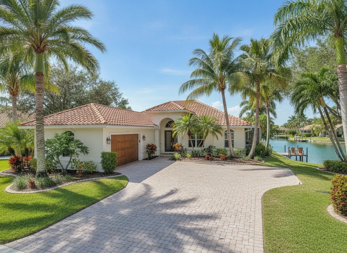 Illustration of a single-story stucco home with palm trees beside a canal in Lee County, Florida