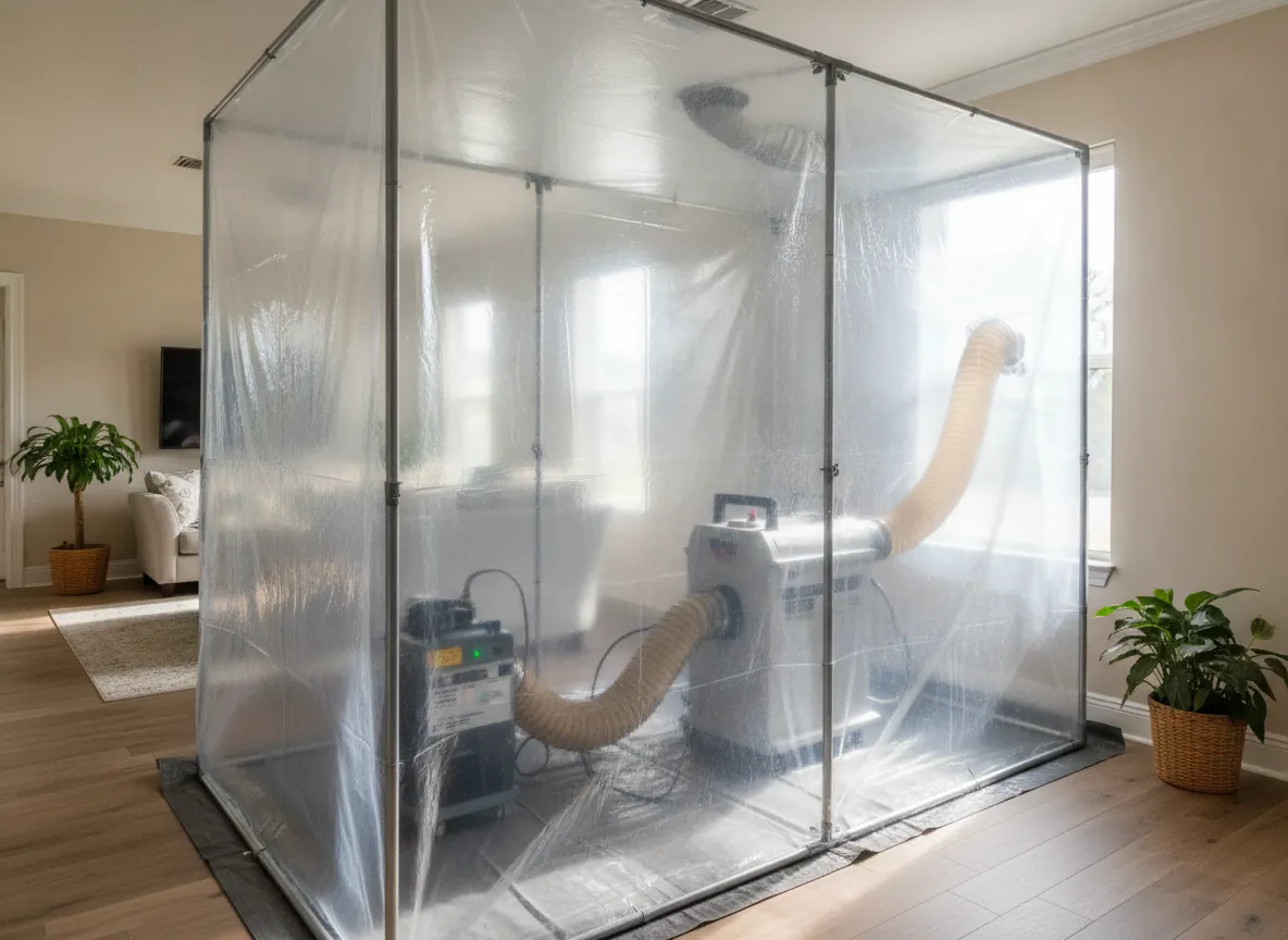 Dehumidifier and air scrubber running inside plastic containment during mold remediation
