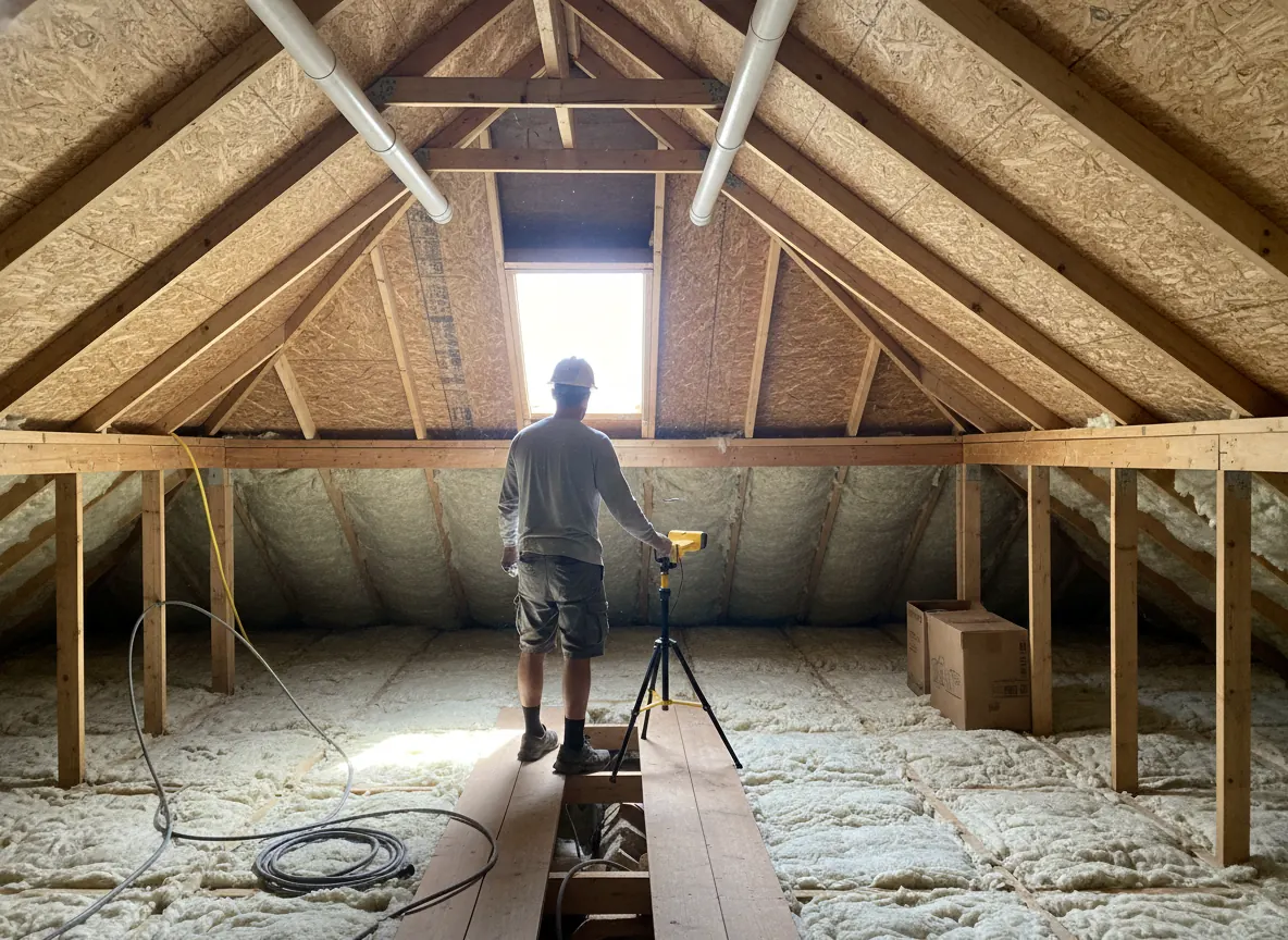 Flashlight inspection of roof decking and insulation in a Florida attic