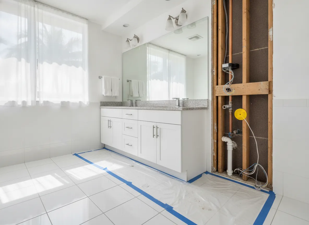 Condo bathroom with a section of wall opened to check for hidden mold