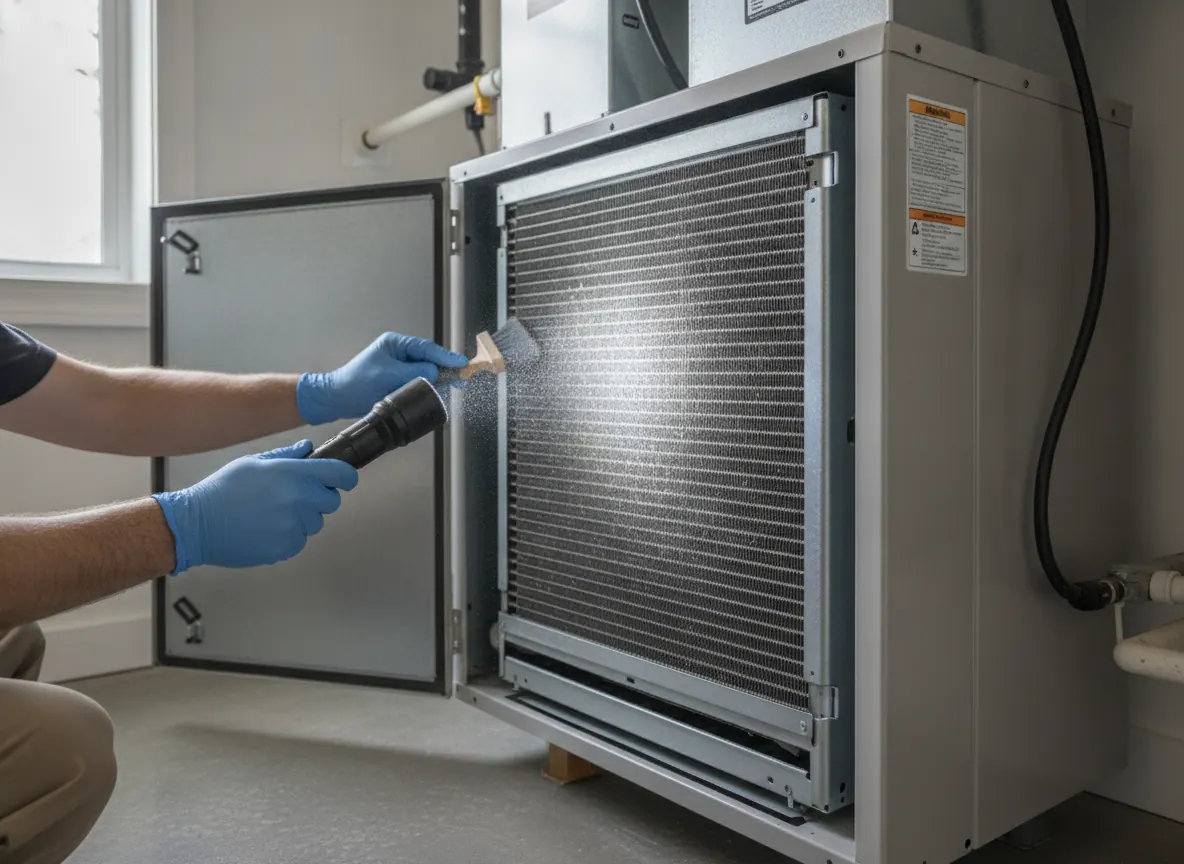 Air handler with its access panel open showing the inside of an AC unit