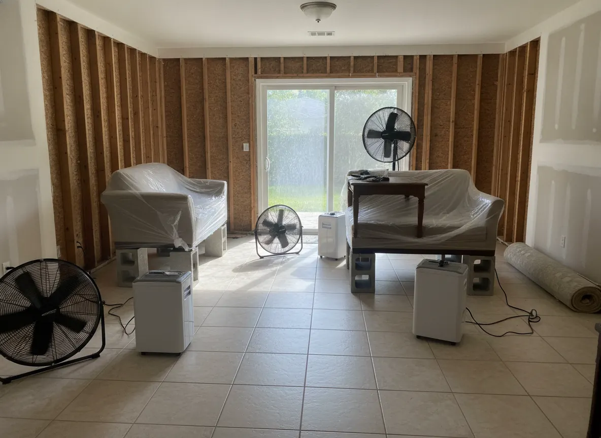 Flood-damaged room with lower drywall cut out and fans drying the space